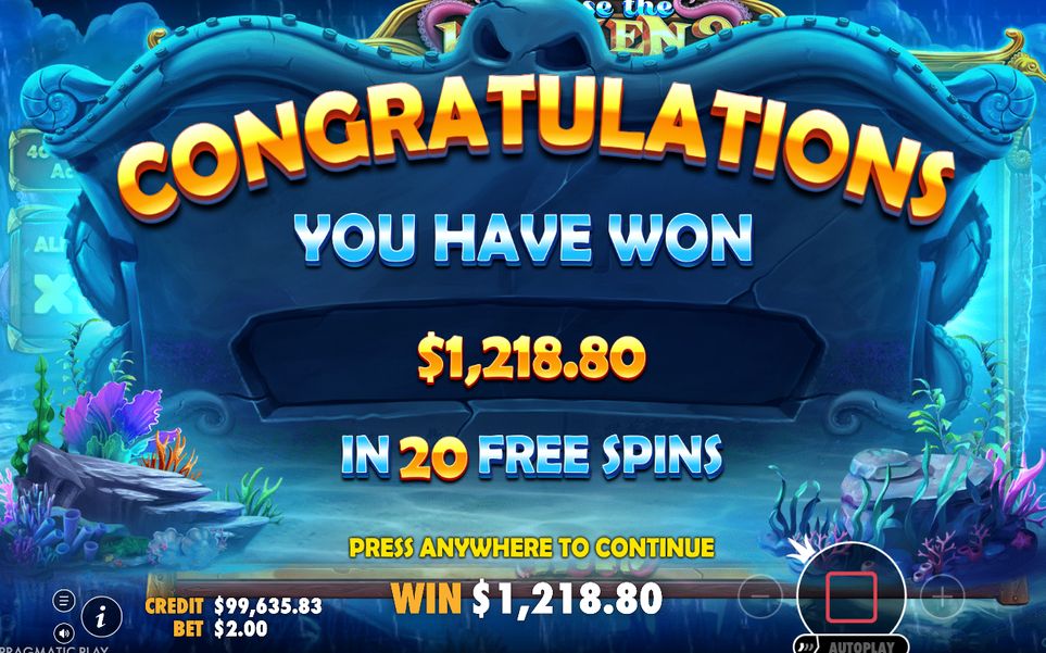 Win screen after a spin pays on the grid